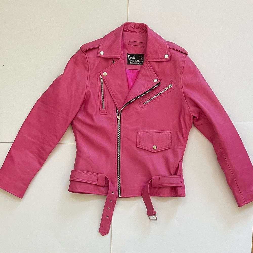 BARBIE PINK REAL LEATHER MOTO JACKET, size L. Runs small, see description.